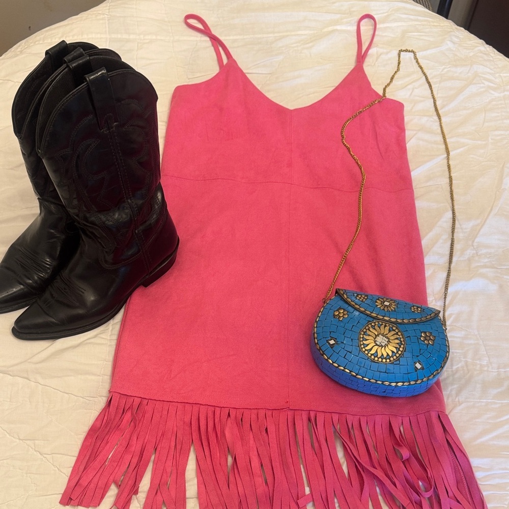 Pink Faux Suede Spaghetti Strap Mini Dress